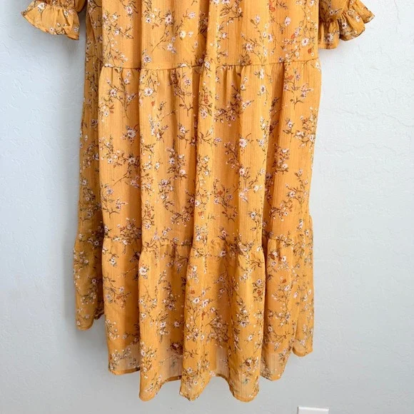 August Sky Mustard Yellow Floral Smocked Tiered Midi Dress Small Long Sleeve - Picture 5 of 13